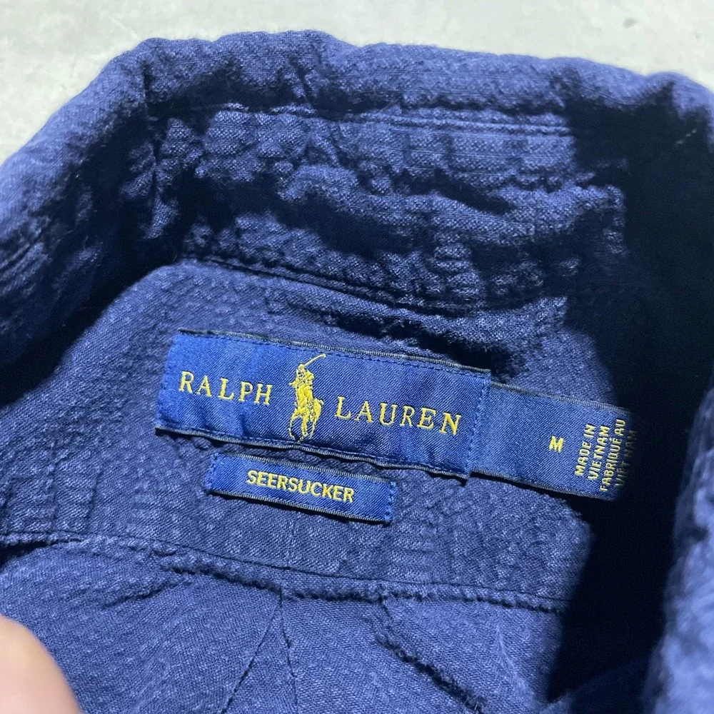 Ralph Lauren Seersucker Short Sleeve Shirt Men's SZ M Button Down Pony Navy Blue
